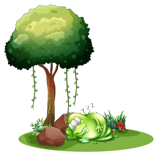 Free vector a fat green monster sleeping under the tree