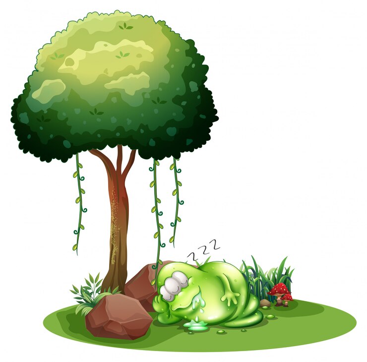 Free Vector a fat green monster sleeping under the tree
