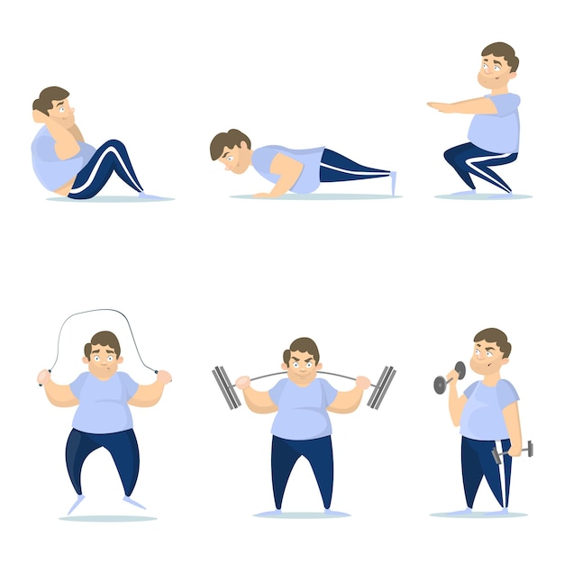 Fat man training set on white background jumping squats and push ups