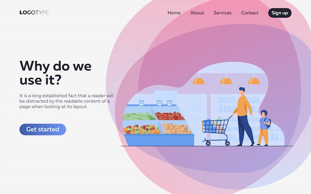 Бесплатное векторное изображение Отец и сын покупают еду в супермаркете
