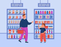 Бесплатное векторное изображение Отец и сын делают покупки в продуктовом отделе супермаркета. мужчина с корзиной и ребенком стоит в проходе возле продовольственных полок, выбирая плоскую векторную иллюстрацию продукта. потребление, концепция гипермаркета