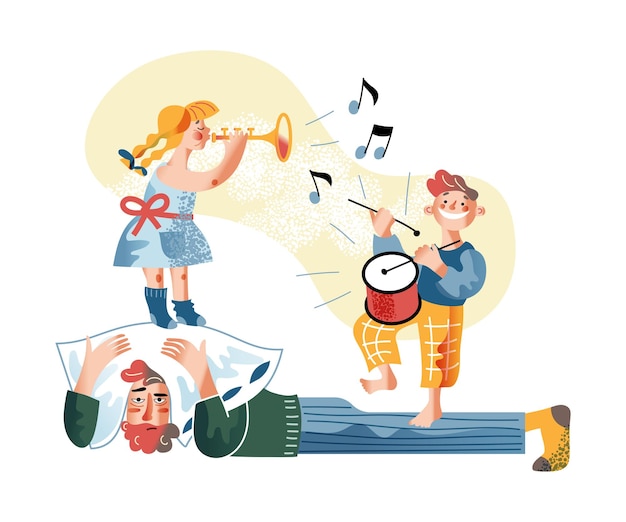 Free vector father annoyed with kids tired daddy covering head with pillow daughter and son playing musical instrument irritating dad cartoon characters parenting experience concept