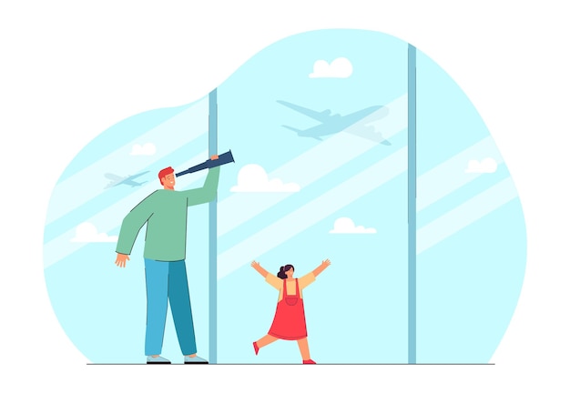 Father and daughter looking at planes at airport. Man watching flying airplane through spyglass flat vector illustration. Family vacation, traveling, tourism concept for banner or landing web page