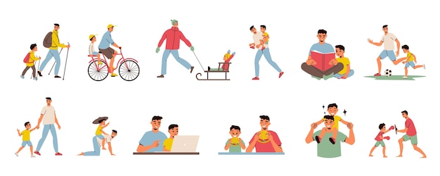 День отца, папа, сын, набор иконок, отец и сын проводят время вместе, векторная иллюстрация