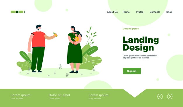 Father giving milk bottle for baby to mother landing page in flat style