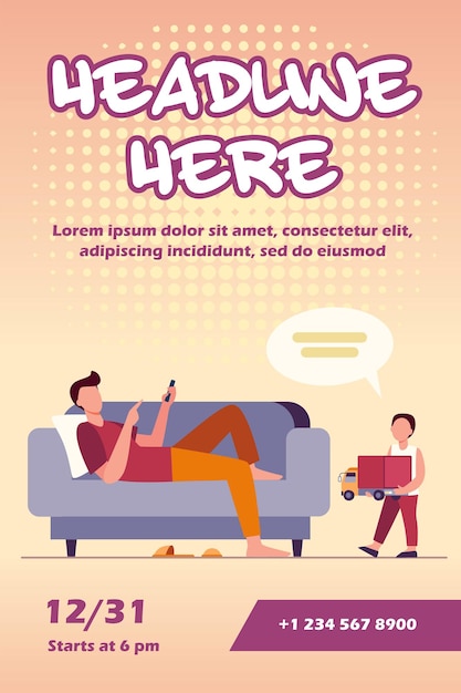 Free vector father lying on sofa and listening son with toy flyer template