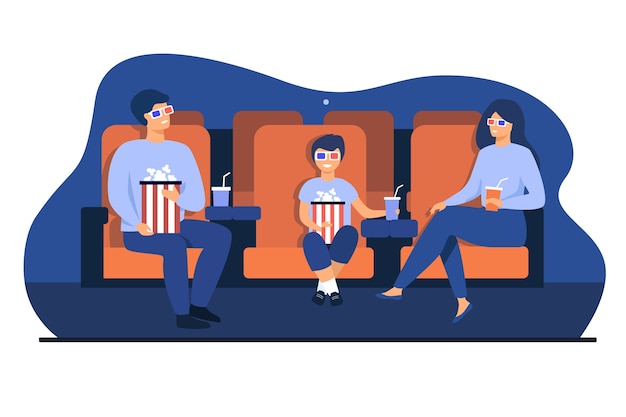 Father, mother and son in 3d glasses sitting in chairs, holding popcorn buckets and soda and watching funny movie in cinema theatre. vector illustration for family leisure time, entertainment concept