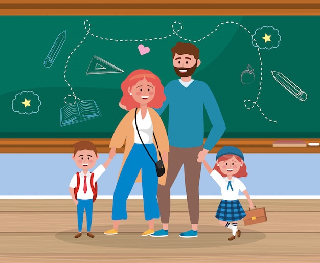 Free vector father and mother with their girl and boy students with backpack