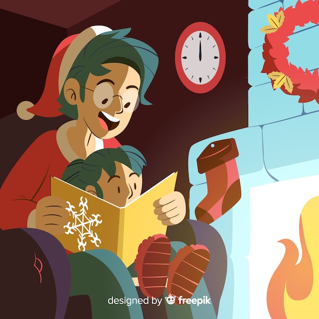 Father reading to her daughter christmas illustration