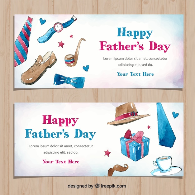 Father's day banners collection with gifts box in watercolor style