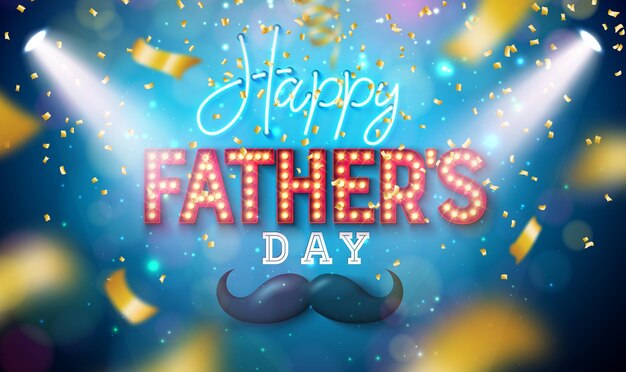 Father's Day Greeting Card Design with Glowing Neon Light and Neon Light Bulb Billboard Lettering