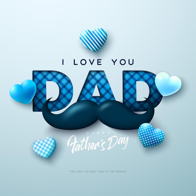 Father's Day Greeting Card Design with I Love You Dad Checkered Lettering and Mustache and Heart