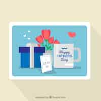 Free vector father's day greeting card with flowers and gift