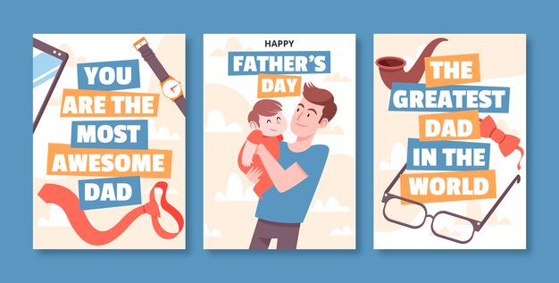 Father's day hand drawn flat greeting cards set