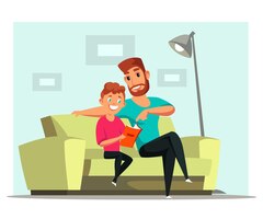 Father and son bonding young man and child sitting on couch cartoon characters parent helping kid with homework guy and boy watching photo album reading book