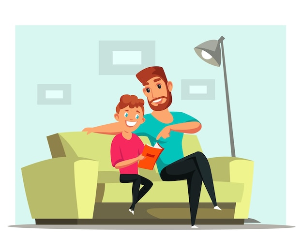 Father and son bonding young man and child sitting on couch cartoon characters Parent helping kid with homework guy and boy watching photo album reading book