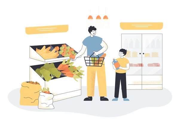 Father and son buying food in grocery store. Parent with child choosing fruits, vegetables and other goods in supermarket flat vector illustration. Family shopping, daily routine, lifestyle concept