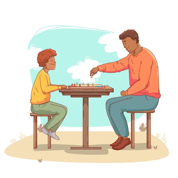 Free vector father and son playing ludo game together