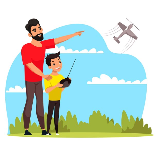 아버지와 아들은 공원에서 무선 조종 장난감 비행기를 가지고 노는 것과 자연에서 야외 활동을 하는 어린이