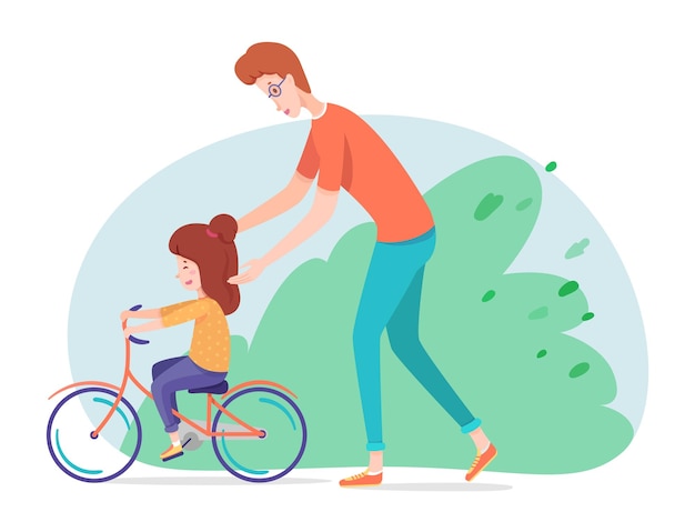 庭で自転車に乗る娘を教える父思いやりのあるお父さんが幸せな子供を助ける