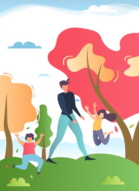 Father Walking in Park or Forest with Happy Children