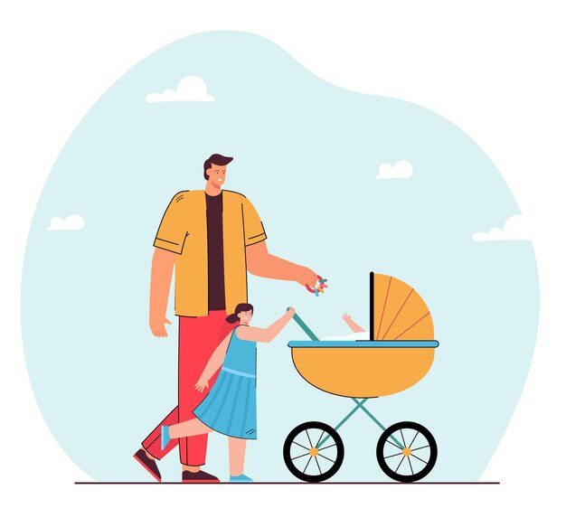 Father walking with his children. Flat illustration