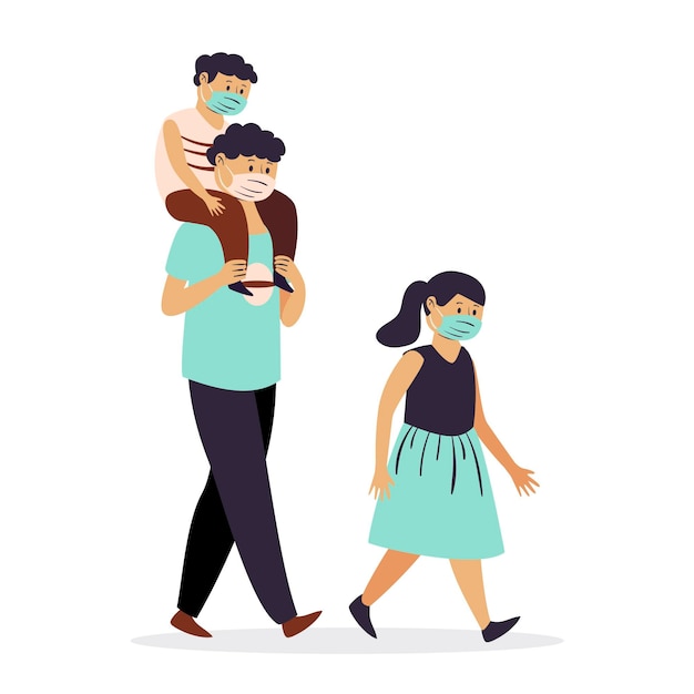 Free vector father walking with their children with medical masks