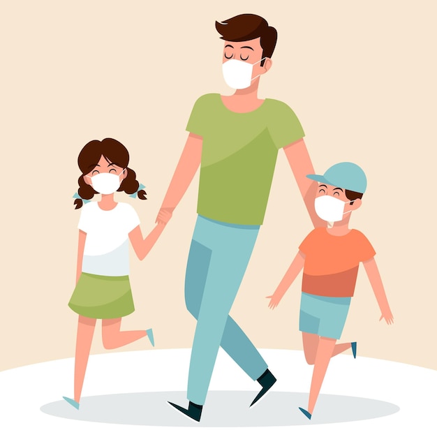 Отец гуляет со своими детьми в медицинских масках