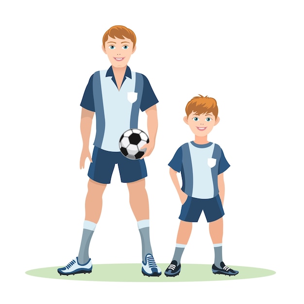 Father with ball and son stand on green field, soccer team