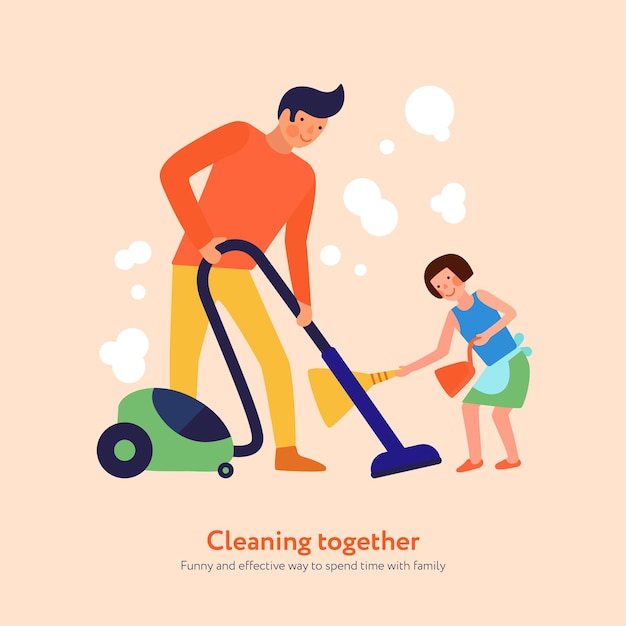 Free vector father with vacuum cleaner and daughter with broom and dustpan illutration