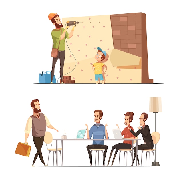 Fatherhood 2 retro cartoon work family balance concept with house renovation and late in office isolated vector illustration 