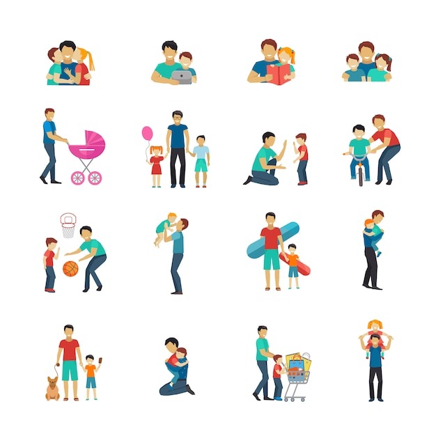 Free vector fatherhood flat icons set with father playing with children
