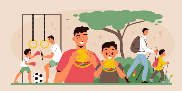 父の日フラットな背景と男の子が森のベクトル図でハイキングハンバーガーを食べるスポーツをしている父親と一緒に時間を過ごす