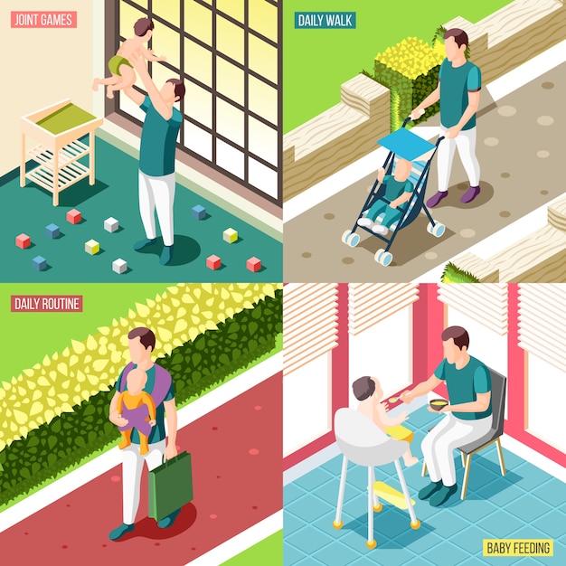 Vettore gratuito i padri in congedo di maternità 2x2 insieme di concetto di progetto di routine quotidiana di giochi per bambini comuni e passeggiate illustrazione isometrica icone quadrate