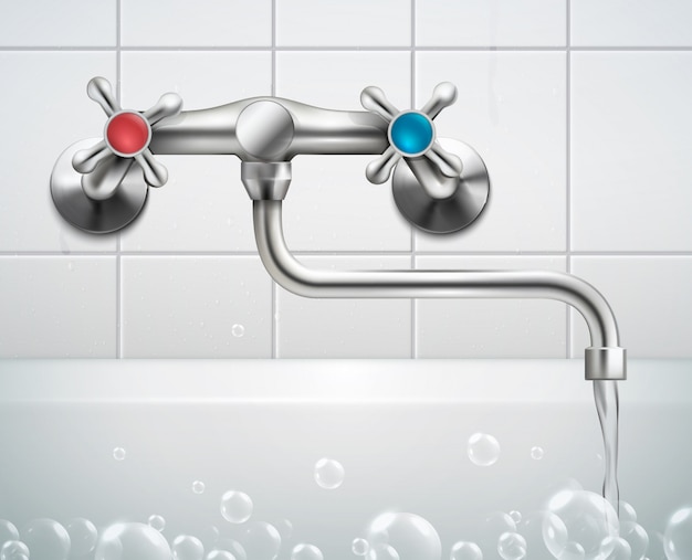 Composizione realistica del rubinetto con vista della parete del bagno di fronte a bolle di schiuma di piastrelle e rubinetto in metallo