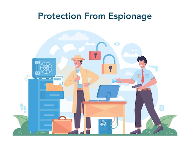 Free vector fbi agent concept police officer or inspector investigating crime protection of espionage cyberattack and terrorist isolated flat vector illustration