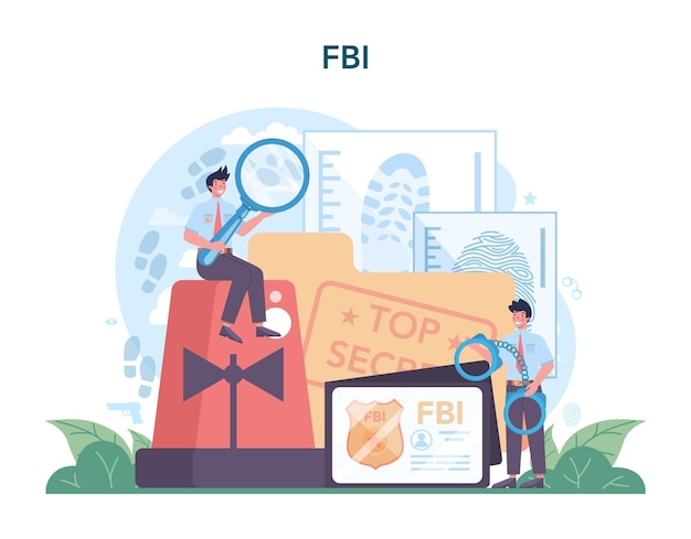 Fbi agent concept police officer or inspector investigating crime protection of espionage cyberattack and terrorist isolated flat vector illustration