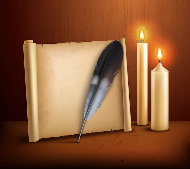 Free vector feather parchment candles realistic background poster