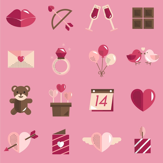 February Happy Valentine Icon Set Vector