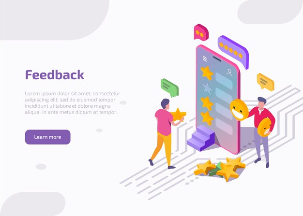 Обратная связь изометрическая иллюстрация, клиенты оценивают технологию продукта или услуги