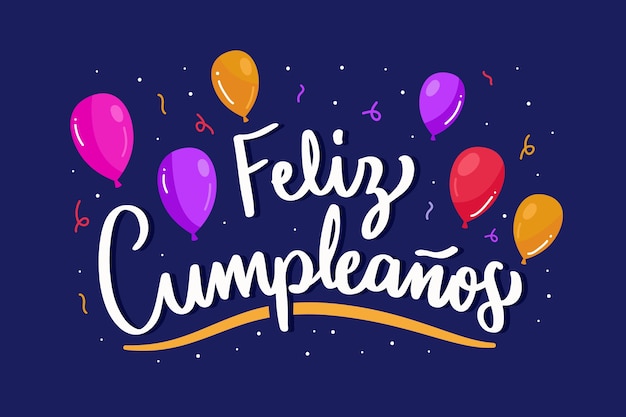 Feliz cumpleaños lettering with balloons and confetti