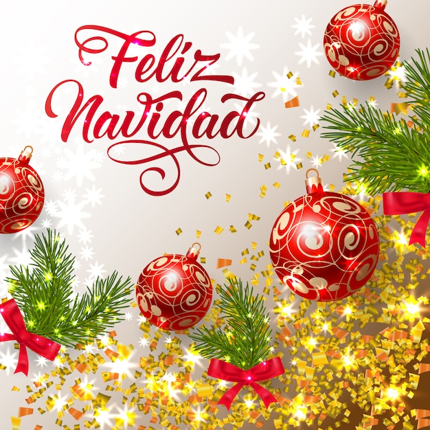 Vettore gratuito lettering feliz navidad con brillanti coriandoli e palline luminose