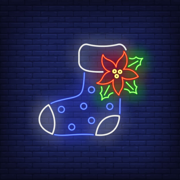 Free vector felt boot with poinsettia flower neon sign