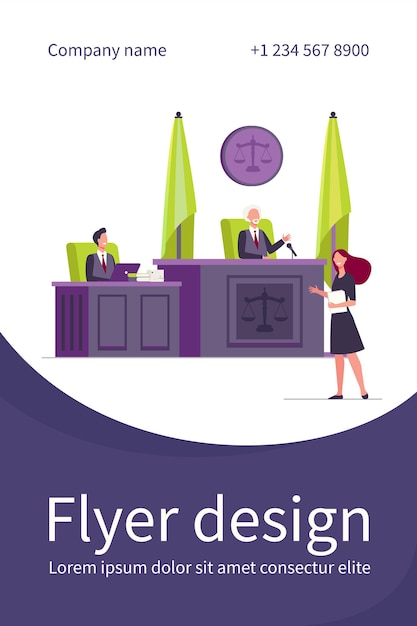 Female attorney standing in front of judge and talking isolated flat flyer template