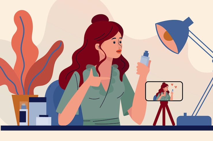 मुफ़्त वेक्टर female blogger reviewing products illustration