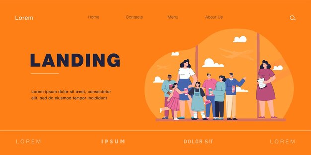 Учительница мультфильмов со студентами в аэропорту. Женщина и дети с билетами на самолет в школьной поездке с плоской векторной иллюстрацией. Образование, концепция путешествия для баннера, дизайна веб-сайта или целевой страницы