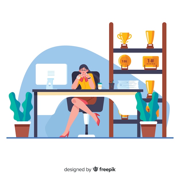 Free vector female cartoon worker sitting at desk