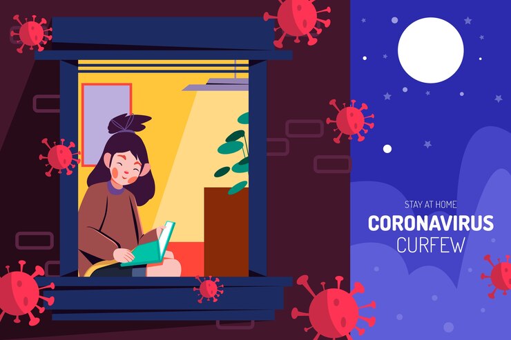 Free Vector female character reading a book coronavirus curfew