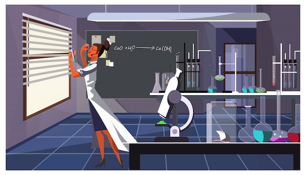 Female chemist checking liquid in test tube illustration