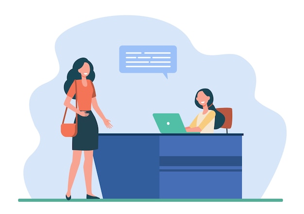 Female client or visitor talking with receptionist. Desk, speech bubble, laptop flat vector illustration. Service and communication